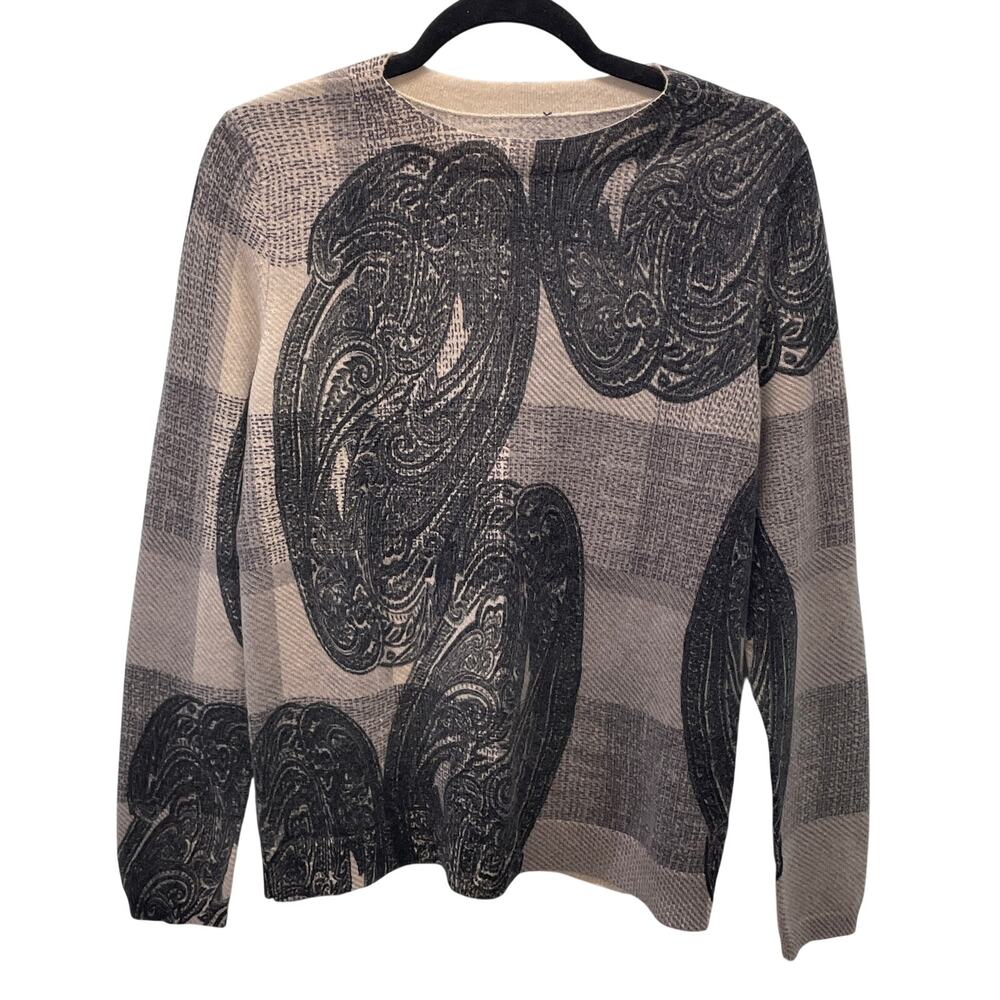 Talbots Cashmere Sweater Paisley Plaid Black Tan Long Sleeve L